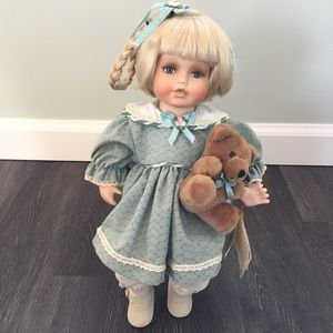 Alberon Porcelain Doll Collector’s Edition Peggy Blonde Doll with Teddy Bear
